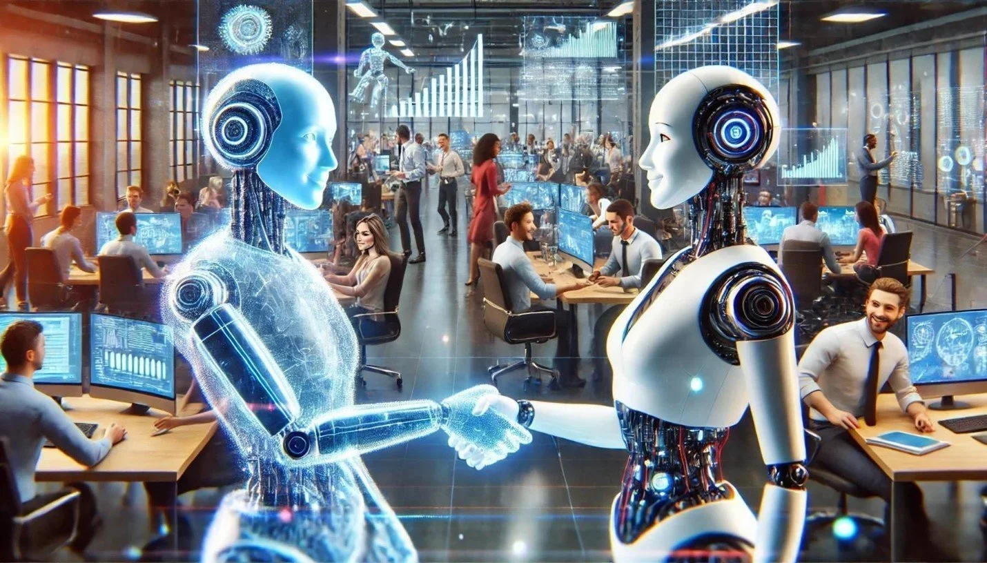 Two AI humanoid figures shaking hands in a business environment, representing collaboration between ChatGPT and Microsoft Copilot for enterprise AI integration.