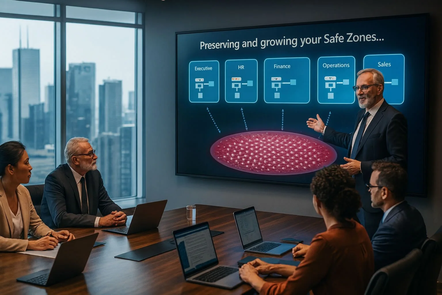 Executive presenting an enterprise-wide AI model showing connected departmental insights — symbolizing higher-order organizational intelligence.