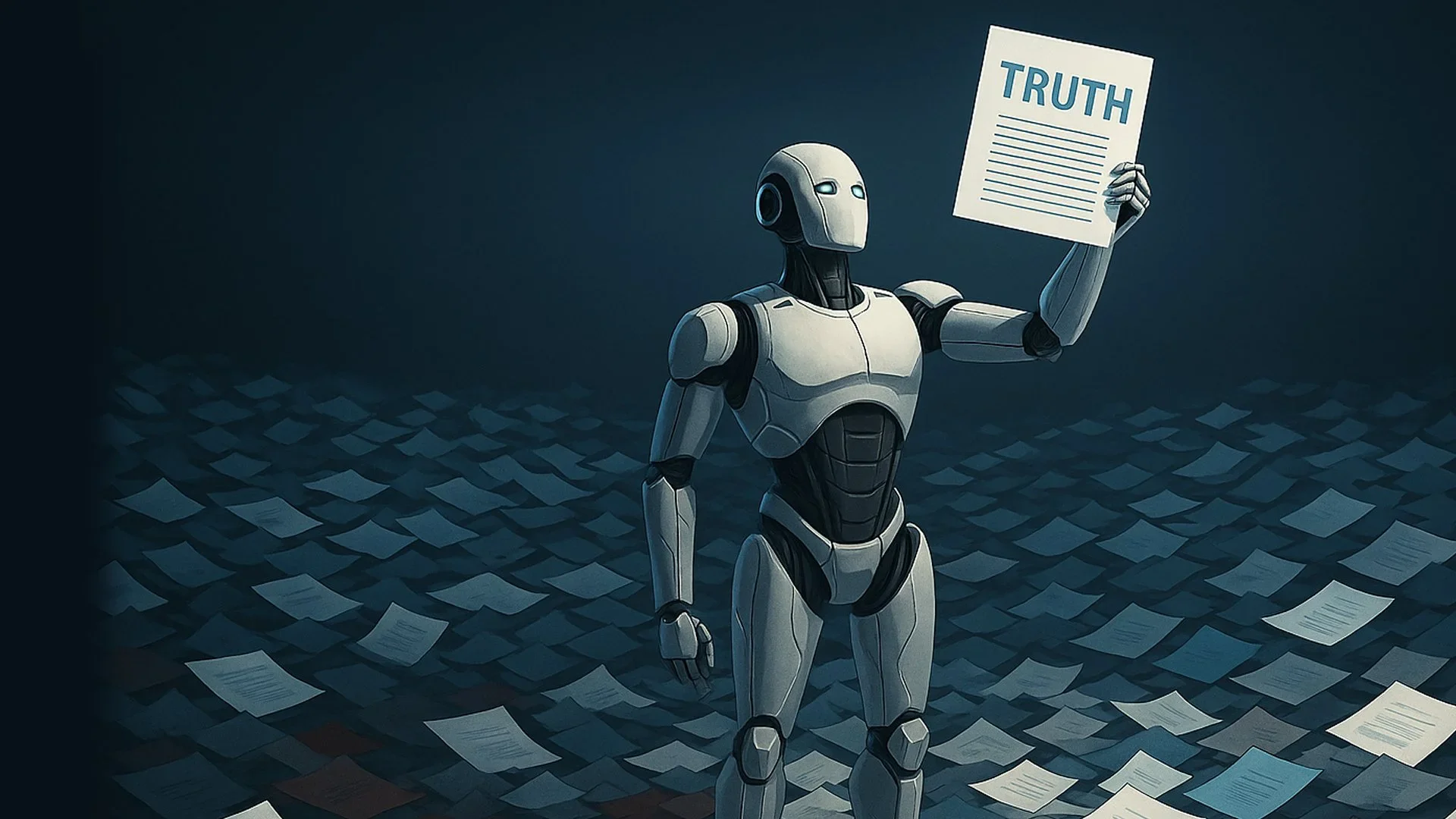 A robot holding a paper labeled TRUTH under a spotlight, symbolizing AI distinguishing truth from bias.