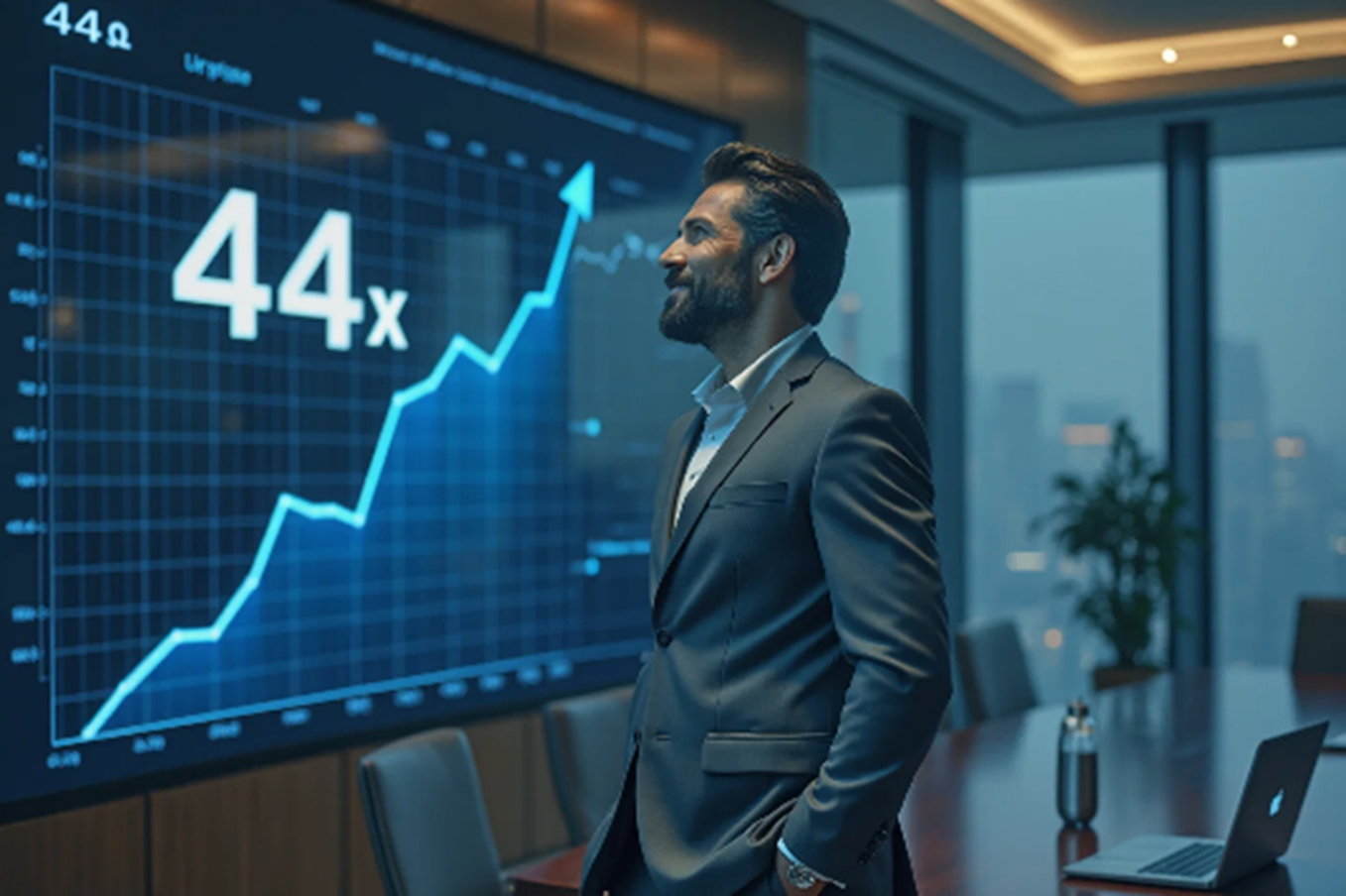 A business professional studying a screen displaying a 44x ROI chart, representing measurable Microsoft Copilot productivity gains.