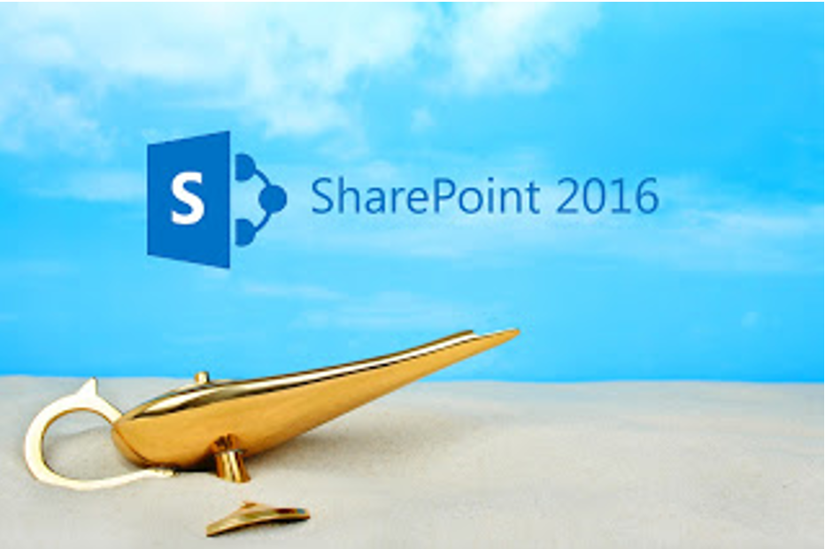 A golden Aladdin-style lamp beside the SharePoint logo, symbolizing the wishful thinking that often leads to failed intranet projects.