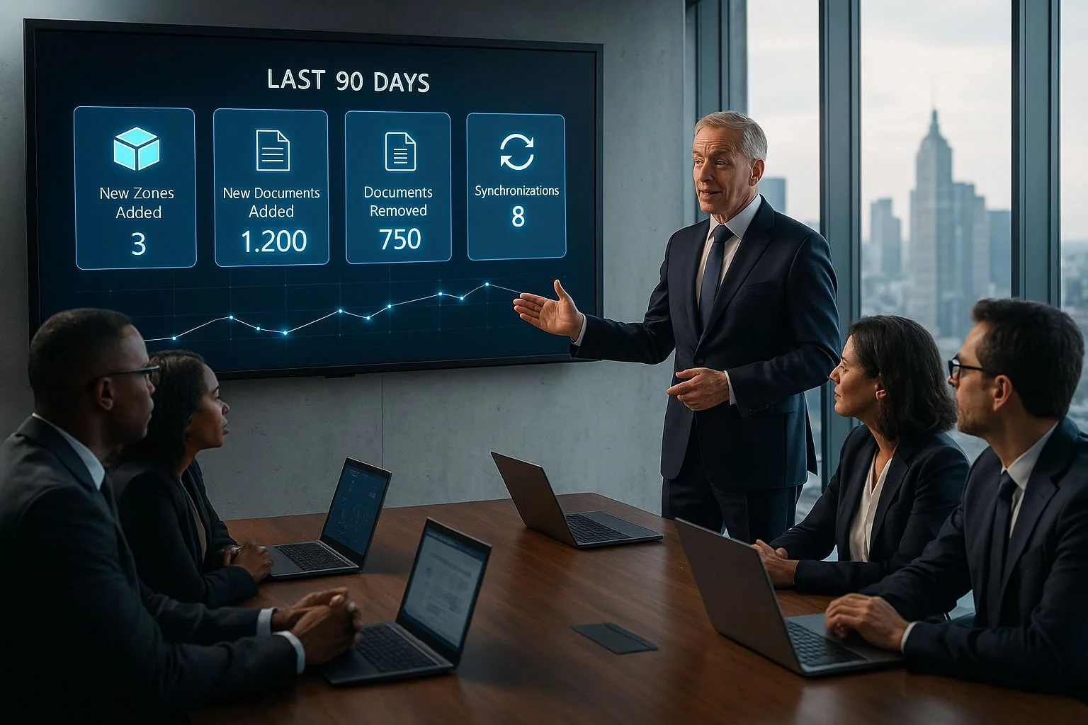 Team reviewing Copilot performance metrics during a Stewardship planning session — representing long-term optimization of Strategic Relational AI.