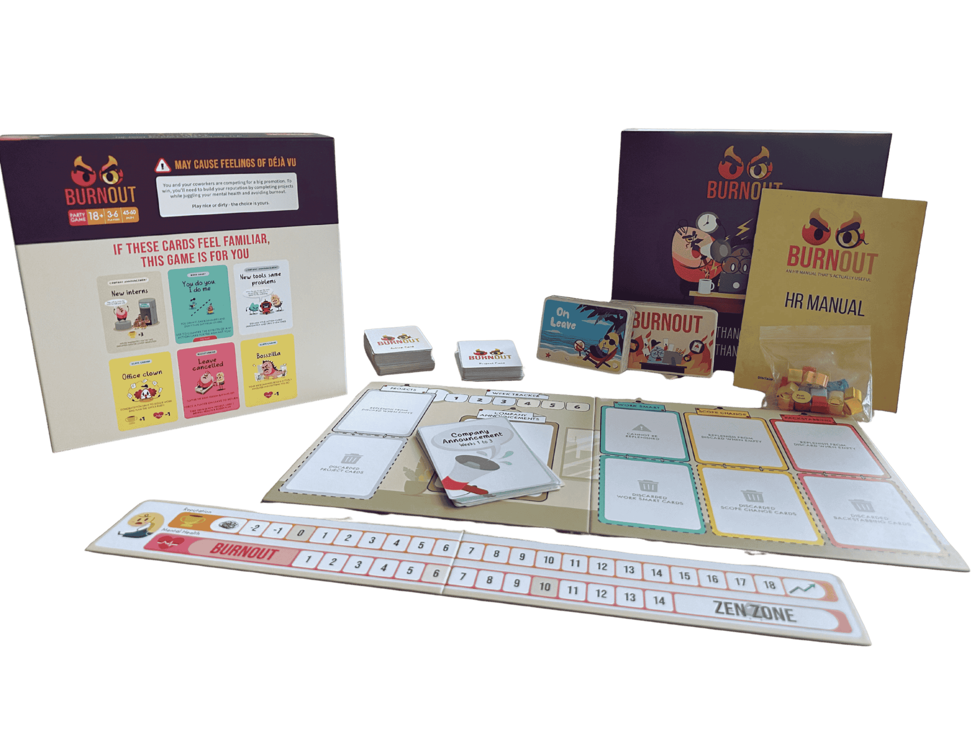 The game components of 'Burnout', the tabletop game