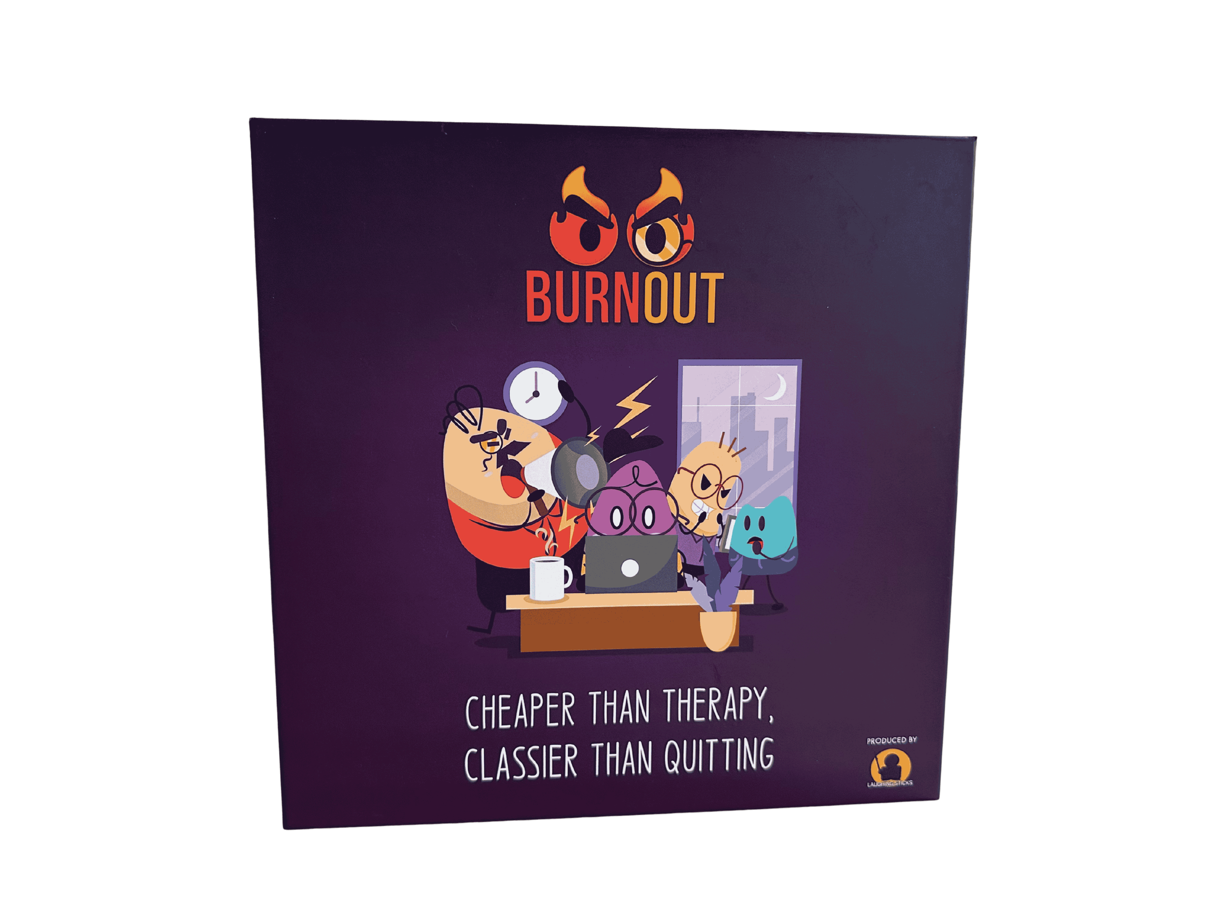 The box of Burnout, saying ''Cheaper than therapy, classier than quitting''