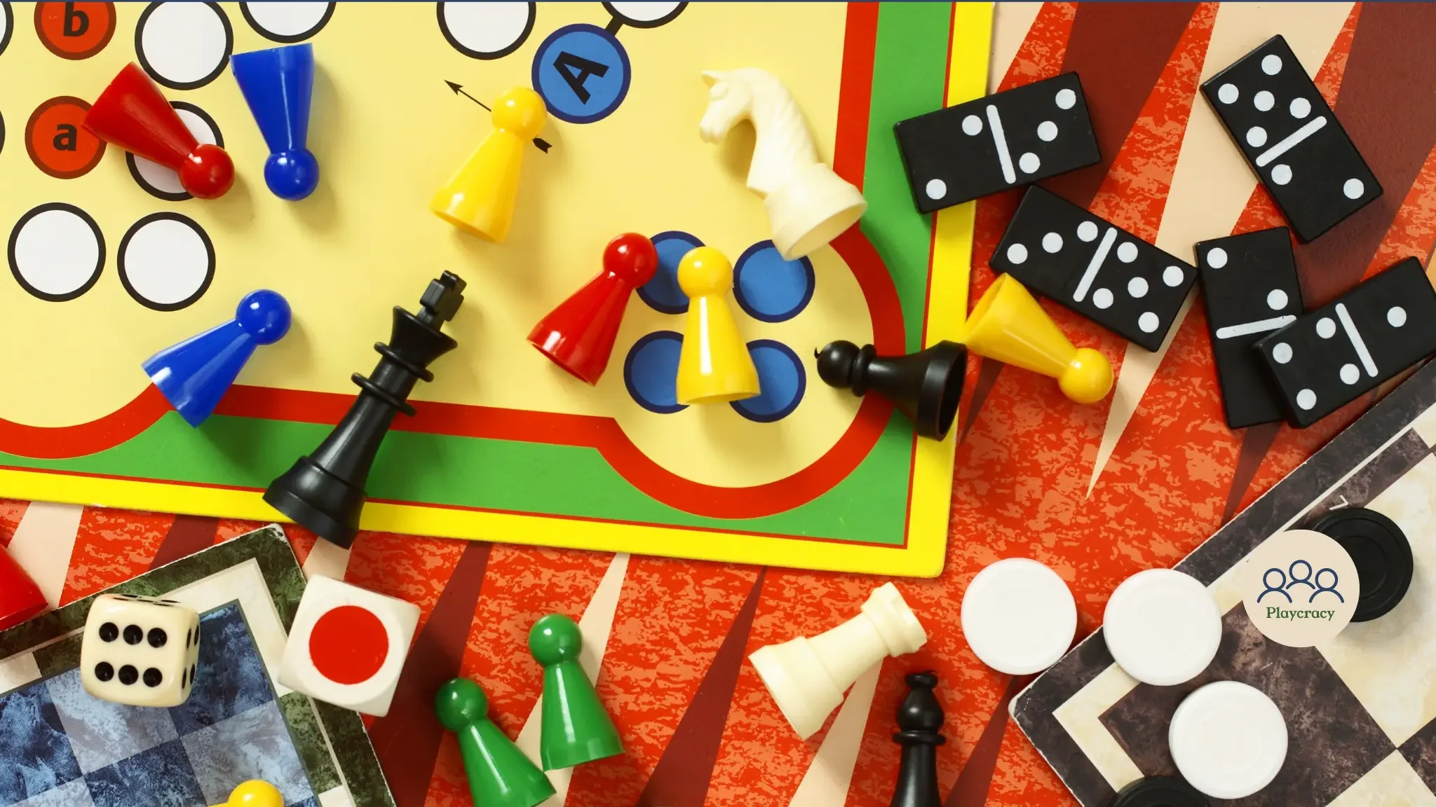 Colorful accessories of famous boardgames, including meeples, a chess king, dice, and more