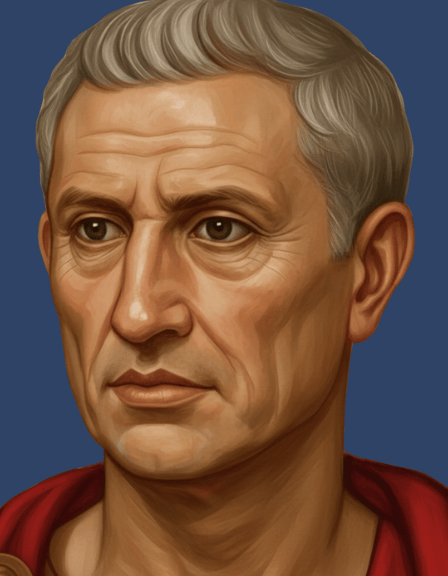 A golden bust of a man with a laurel wreath on his head, set against a dark blue background.