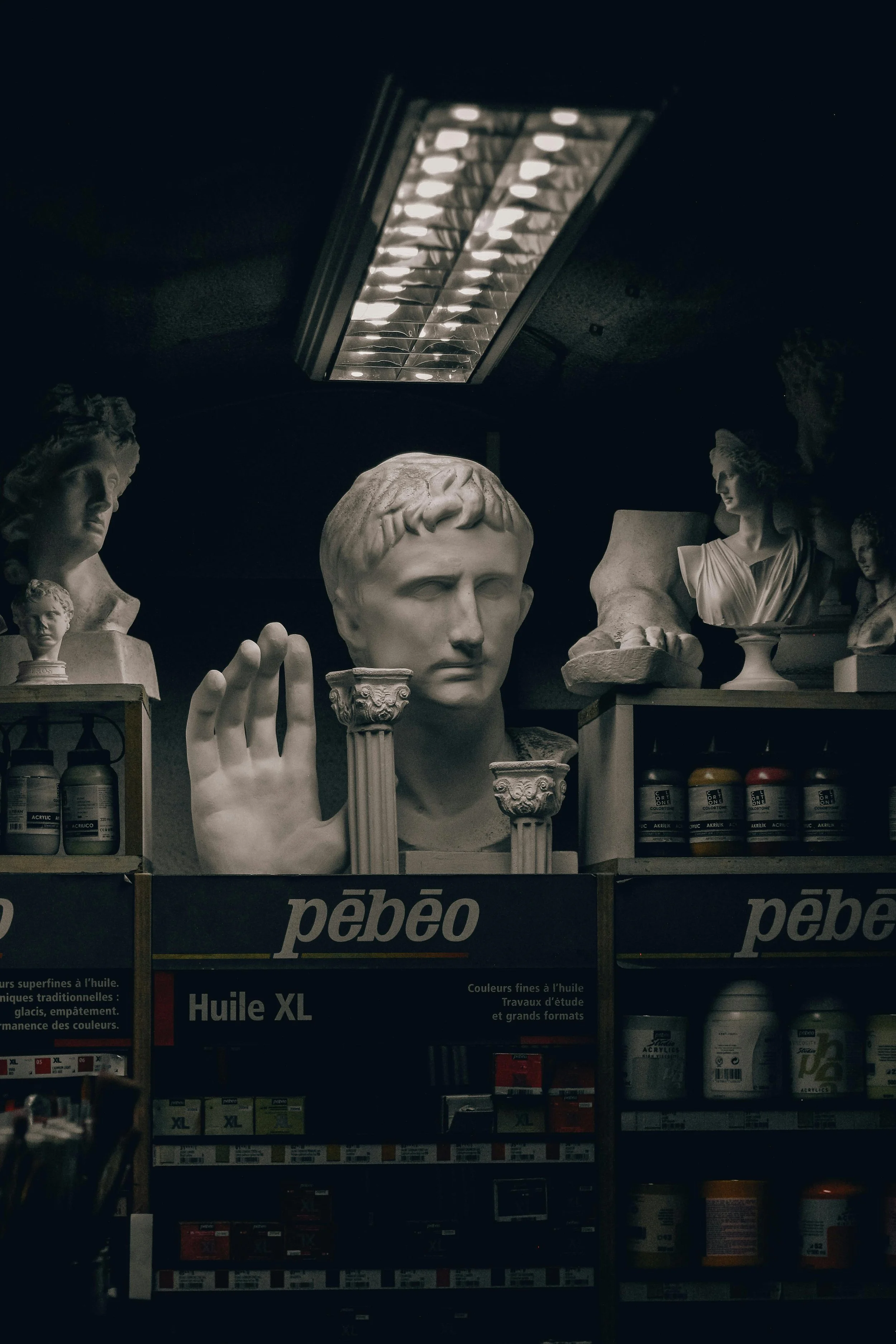 A store shelf with busts and statues of ancient Greek or Roman figures, with a fluorescent light overhead.