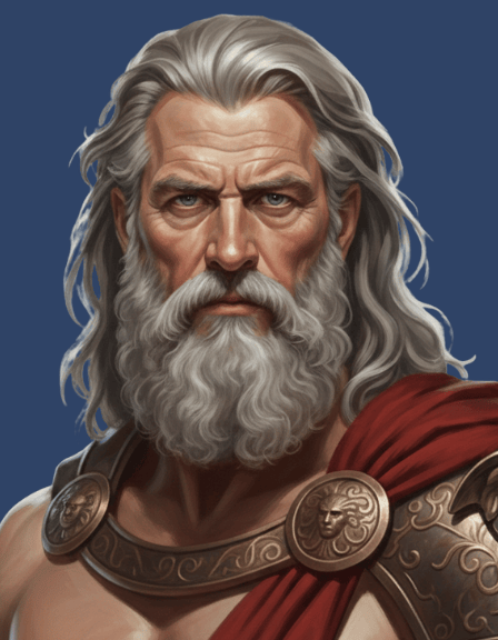 A digital depiction of a classical mythological figure resembling Zeus, with a long white beard, wavy hair, a laurel crown, and a serious expression, set against a blue background.