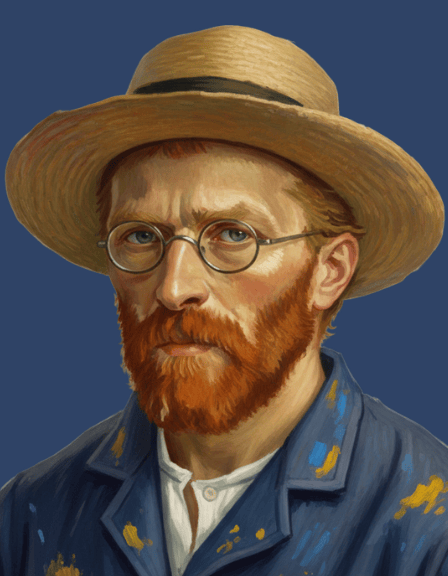 A digital illustration of a man with short, reddish hair and a beard, wearing a suit and tie, set against a dark blue background.