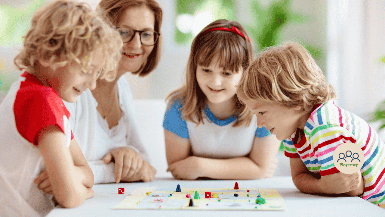 Kids and mother play a board game together, all looking at the board on the table