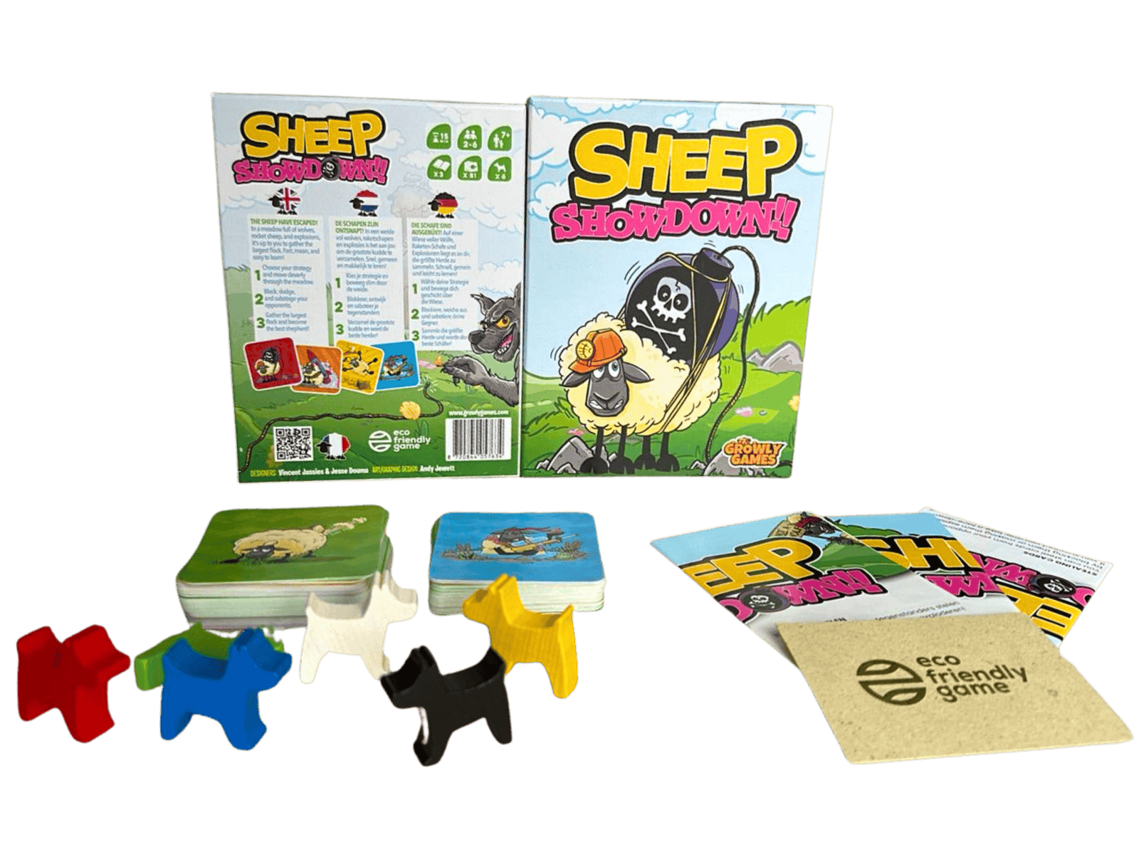 Full set of components for the game Sheep Showdown