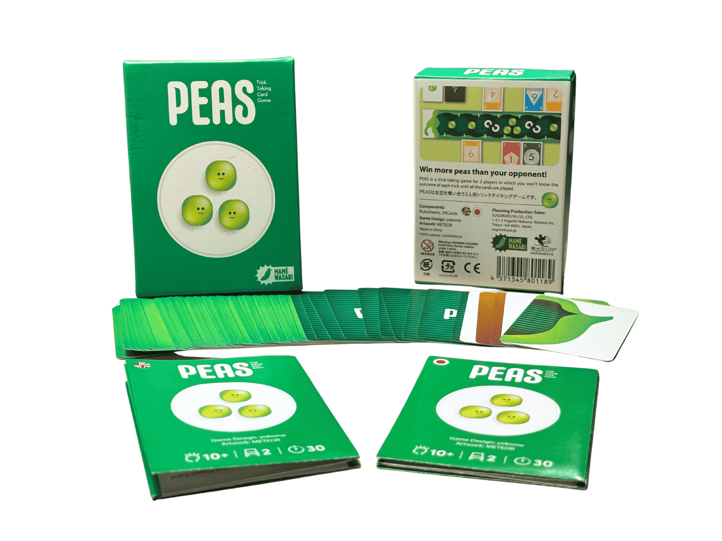 The cards, box and rulebooks of Peas