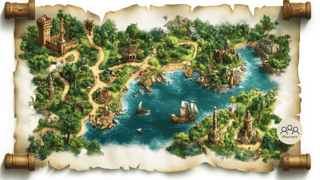 A map like Catan, where players can gather resources of different kinds based on the environment in which they land