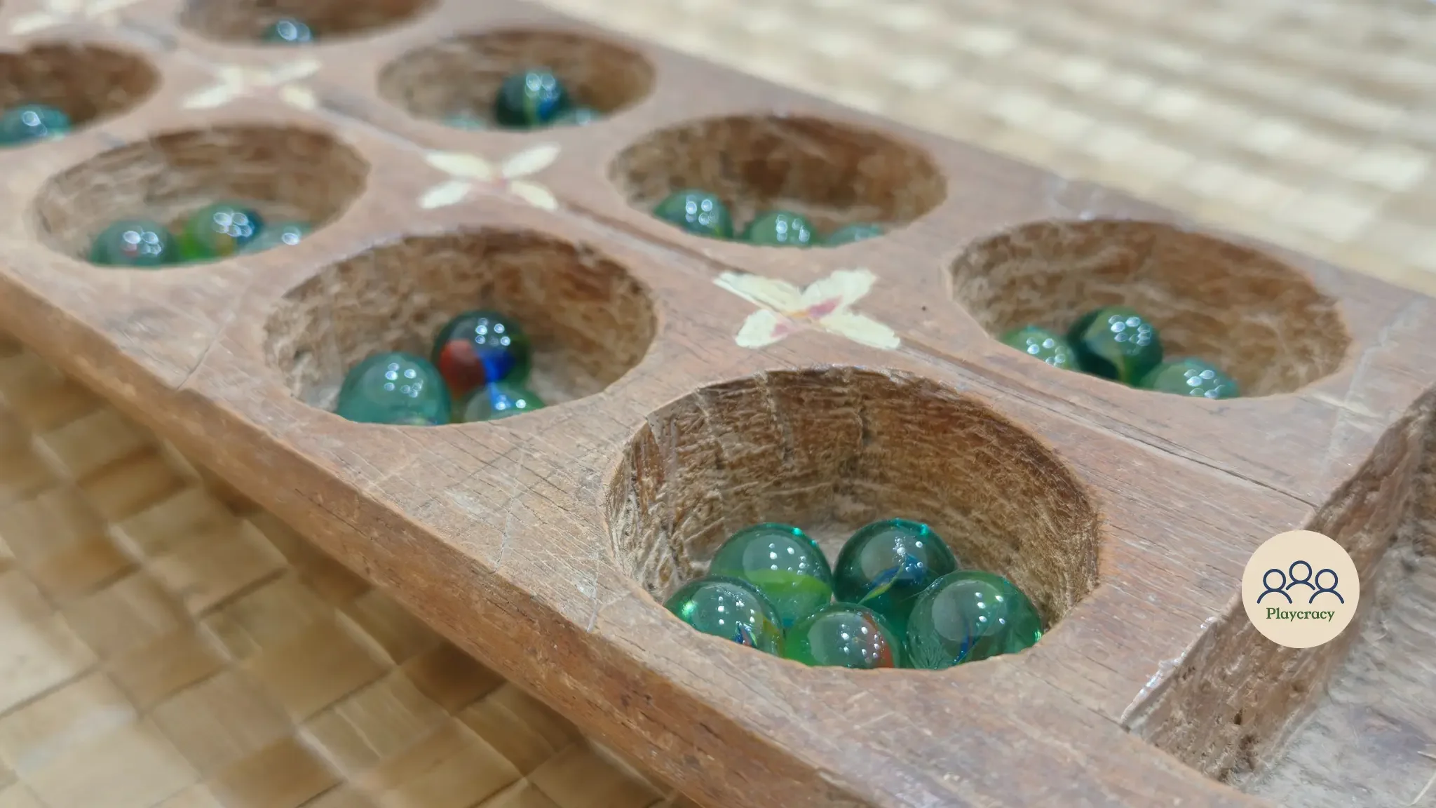 Special wooden dice case, holding colorful blue dice