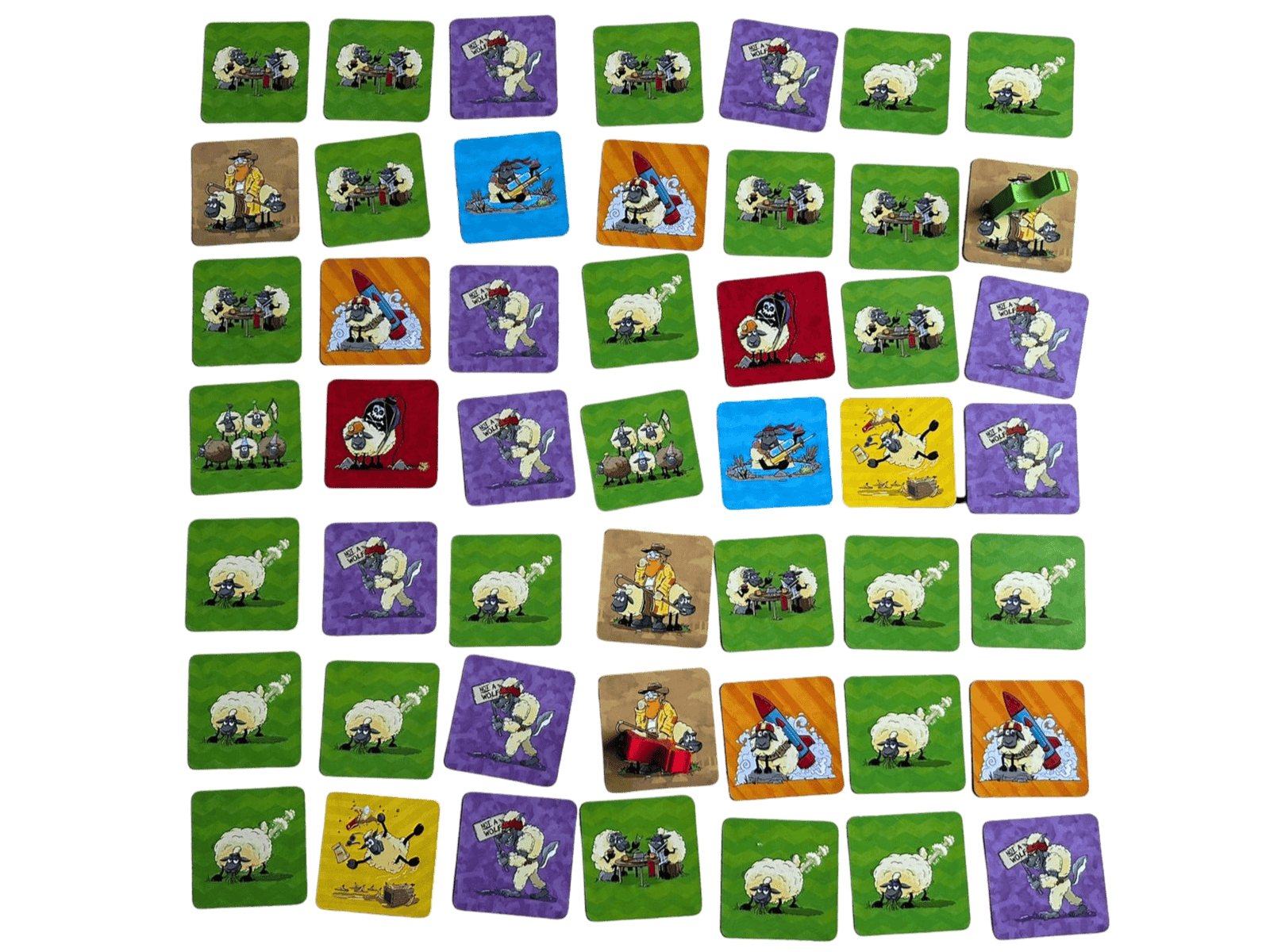 Sheep showdown board, with cards of different colors and functions