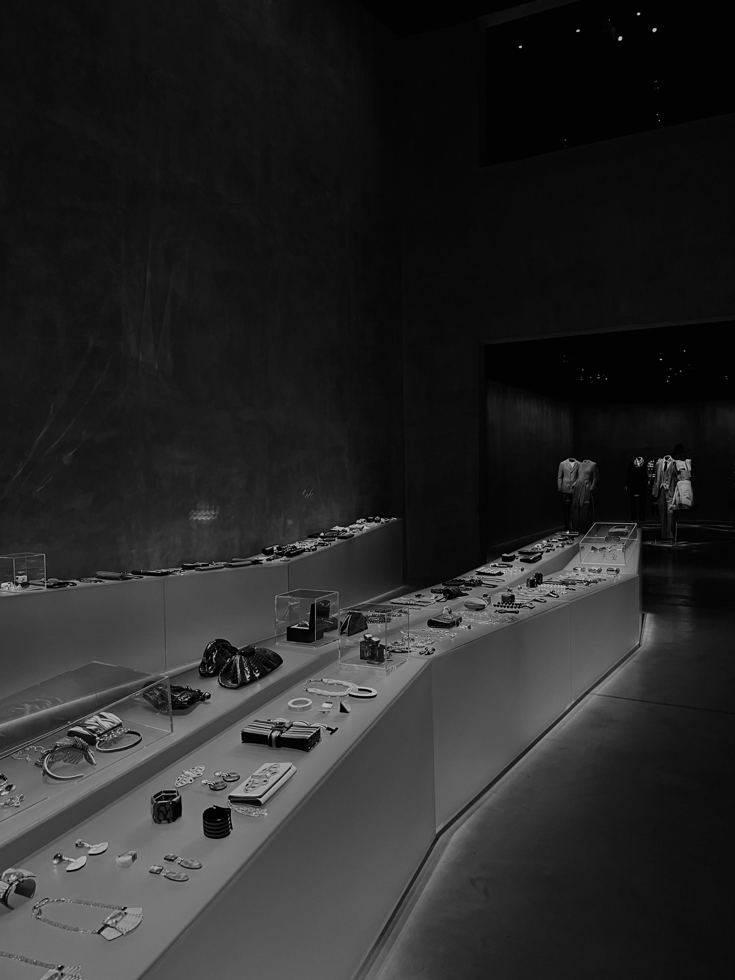 Exposición de joyas y accesorios de moda en una galería con iluminación tenue y paredes oscuras.