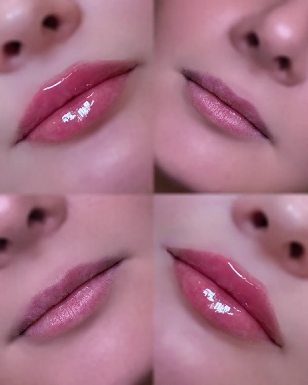 Close-up images of lips, some with shiny pink lipstick and others with natural lips, showing different angles.