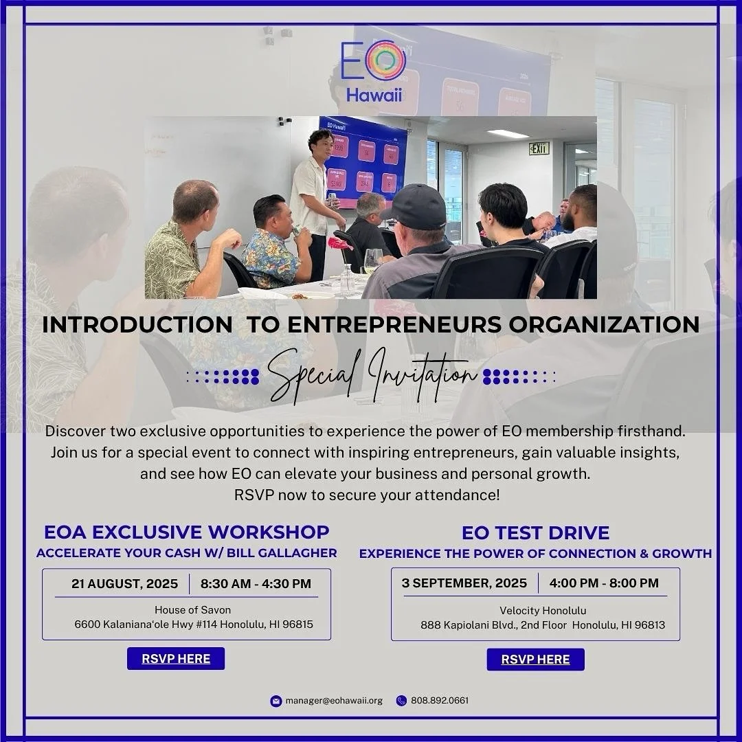 Hawaii Entrepreneurs - This One&rsquo;s For You!

Ready to level up? EO Hawaii is hosting TWO exclusive events that could change your business game forever!

What you&rsquo;ll get:
- Real connections with inspiring local entrepreneurs
- Actionable in