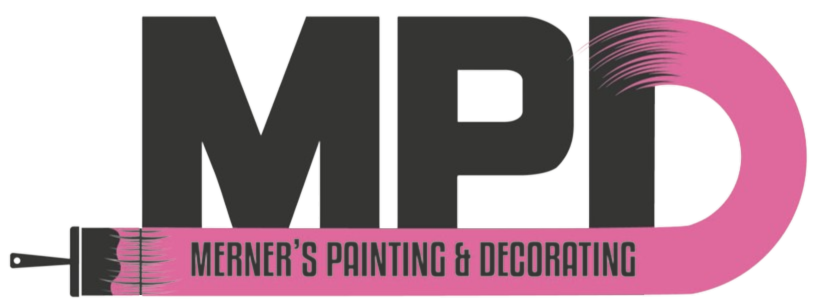 Logo for Merner's Painting and Decorating featuring large black letters 'MPD' and a pink paintbrush with black bristles. The company's name and services are written on the brush.