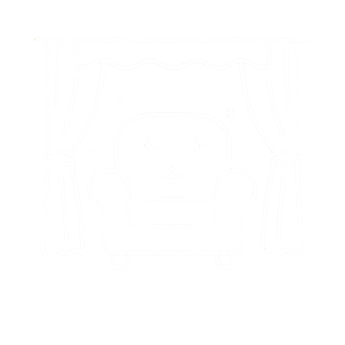 Line drawing of a cozy armchair placed on a stage with curtains, illustrated in white on a black background.