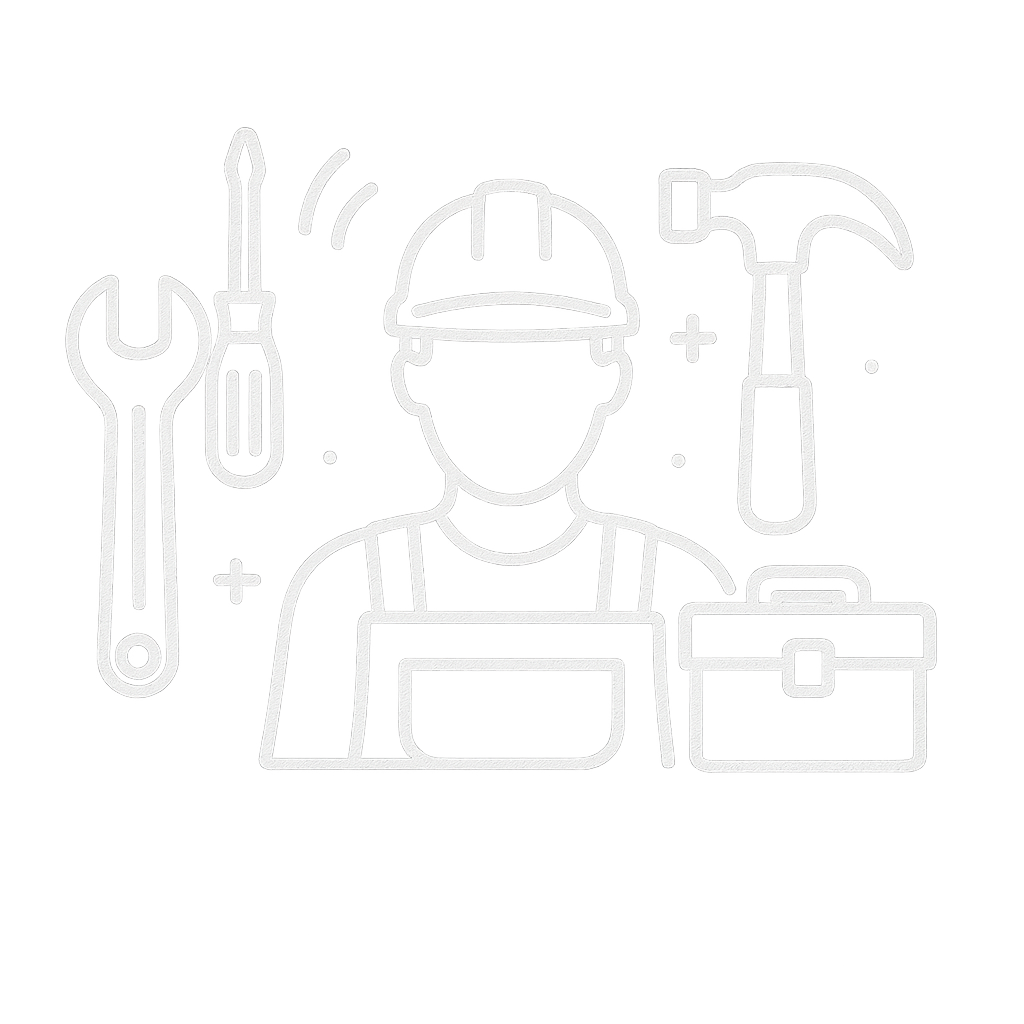 Line drawing of a construction worker with tools including a wrench, screwdriver, hammer, and toolbox, all on a black background.