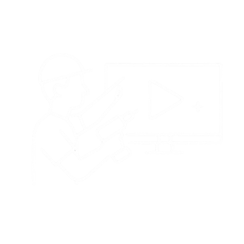 Outline of a healthcare professional with medical tools and a computer screen showing a play button.