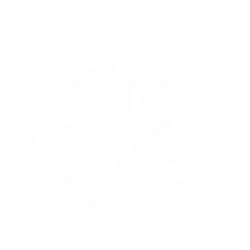 Line drawing of a person with short hair looking at a clipboard with a house and a leaf symbol on it.
