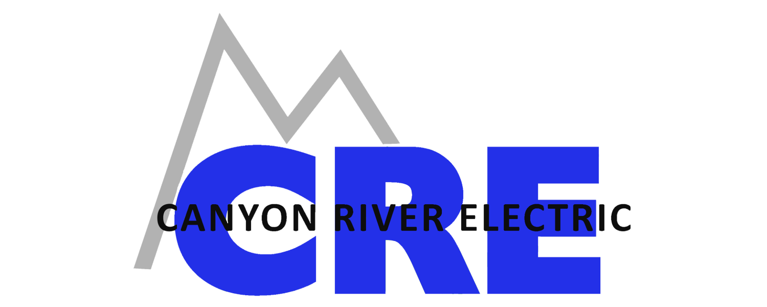 Logo of Canyon River Electric with stylized mountain peaks in gray and the words 'Canyon River Electric' over the letters 'CRE' in bold blue.
