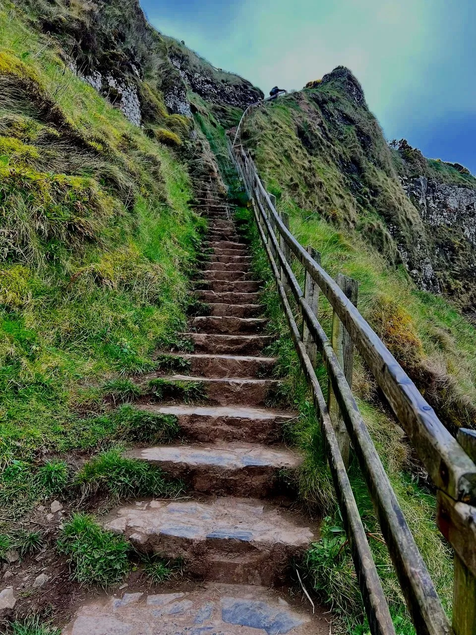Steep outdoor stone staircase with wooden railing ascending a grassy hillside towards a cloudy sky.