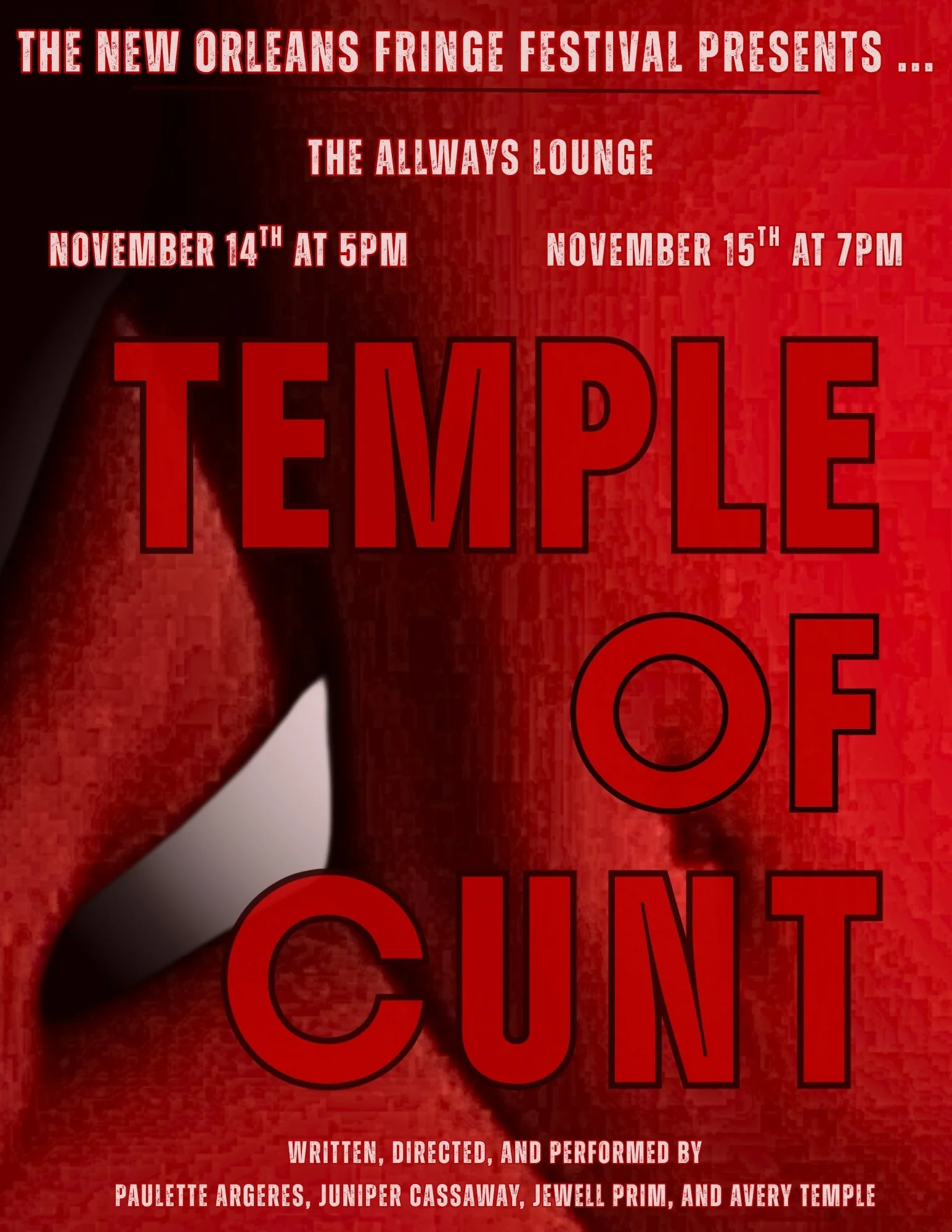 "Temple of Cunt" by Juniper Joel Cassaway, Avery Temple, Paulette Argeres, and Nova Jewell | Experience imperfect divinity through dance, dialogue, and audience involvement. Join four newly made, genderfucked deities - Gossip, Orgy, Sacrifice, and Tr