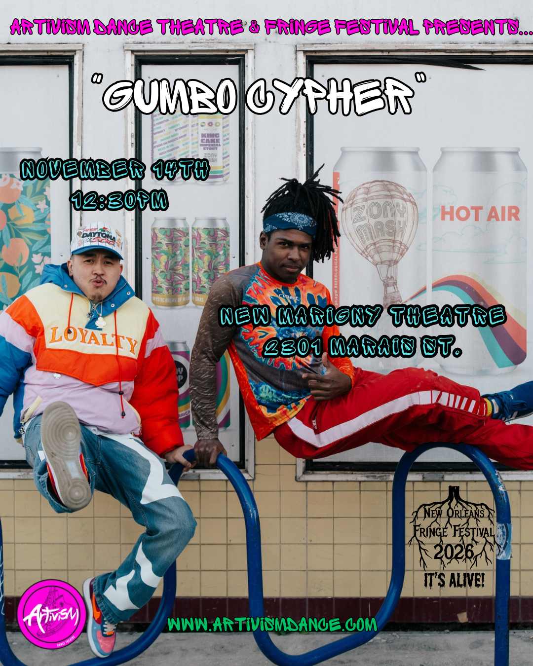 "Gumbo Cypher" at New Marigny Theatre Saturday, 11/14 at 12:30pm. Artivism Dance Theatre presents...
Gumbo Cypher; an Immersive Street Dance Experience!  
Journey with us as we explore Street Dance culture from the East Coast to the West Coast to rig