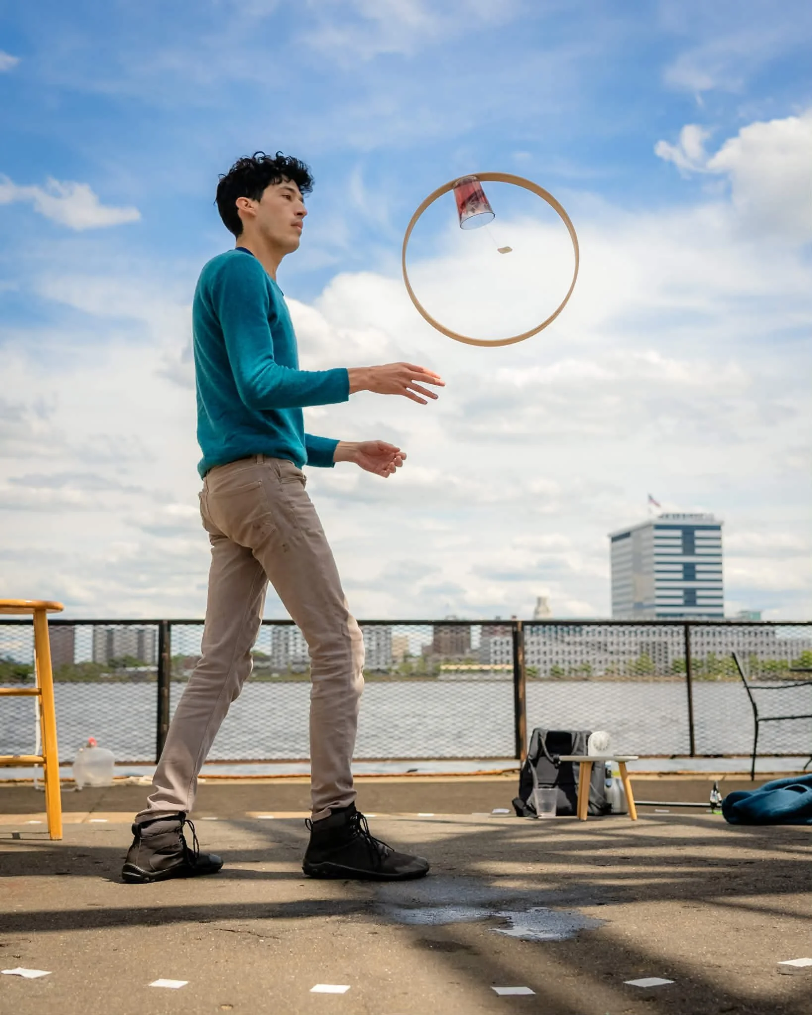 "DAM" by David Chervony | "DAM" is a one hour play with water. Using samples from a local body of water and several implements designed to contain it, the artist attempts to control the water and themselves — and ends up getting wet. Exploring a clim