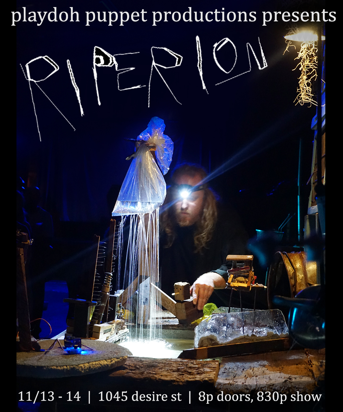 "RIPERION" brings a world of strange puppet creatures to life along the shifting banks of the Mississippi. 
Built from discarded pianos and river debris, this meditative found-object theatre performance unfolds around a basin of water, with live musi