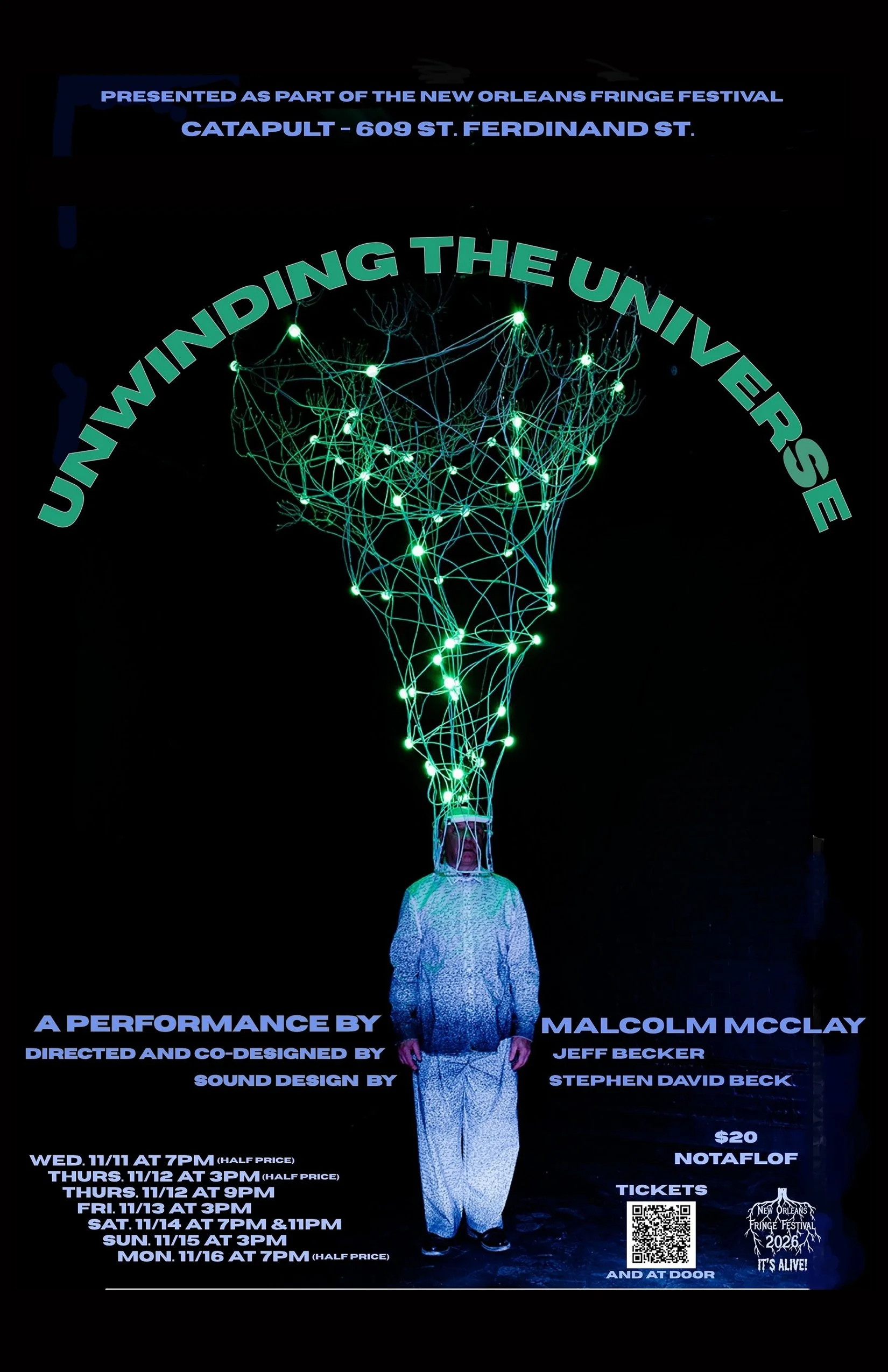 "Unwinding the Universe" invites audiences into a vivid, sensory world where art and science meet. Conceived and performed by Malcolm McClay in collaboration with Jeff Becker, this multidisciplinary work blends live performance, large-scale sculpture