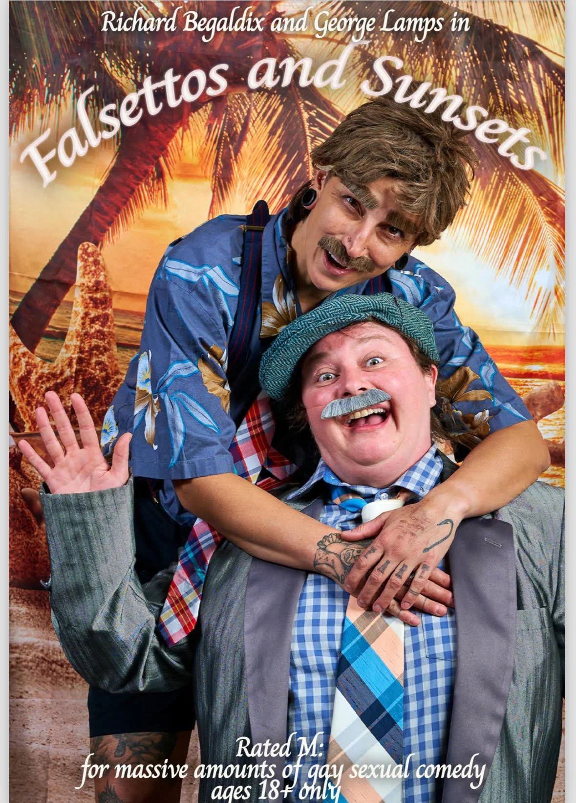 "Falsettos and Sunsets" by Marlo Winter and Luz Gaxiola | "Falsettos and Sunsets" is a one-hour comedic play with audience participation. It tells the story of Richard Begaldix (Marlo Winter) and George Lamps (Luz Gaxiola), a pair of cartoony cool gu