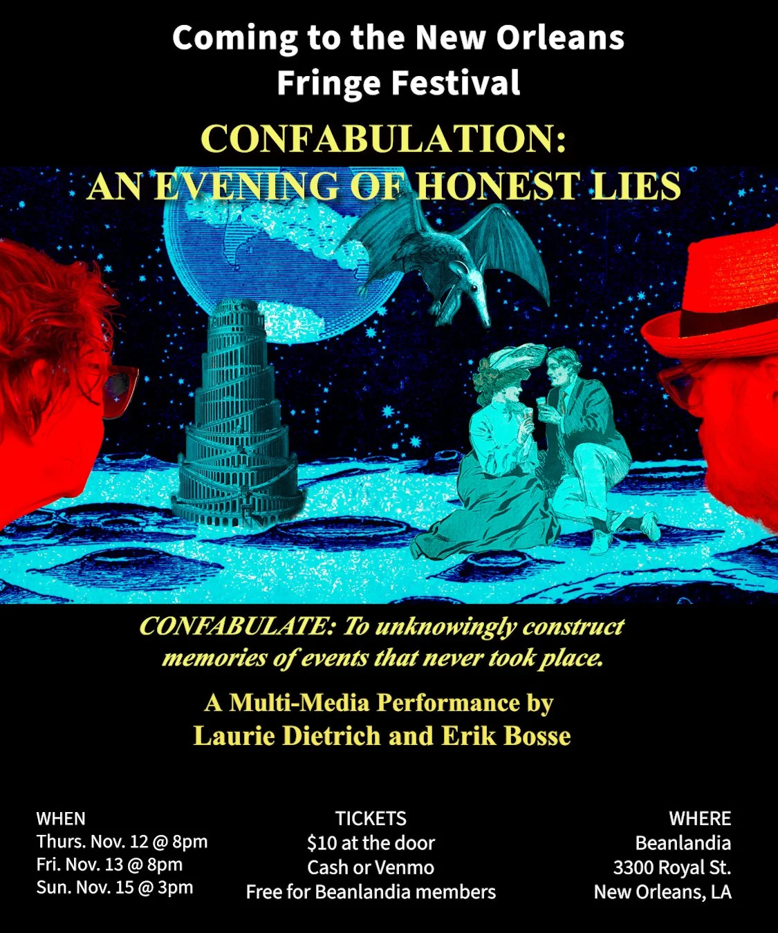 "Confabulation" An Evening of Honest Lies" 
*Tickets sold at the door ONLY* Cash/Venmo
Confabulation is a multimedia performance of spoken-word microfictions, generative soundscapes, and colorful abstract projections where the performers and the audi