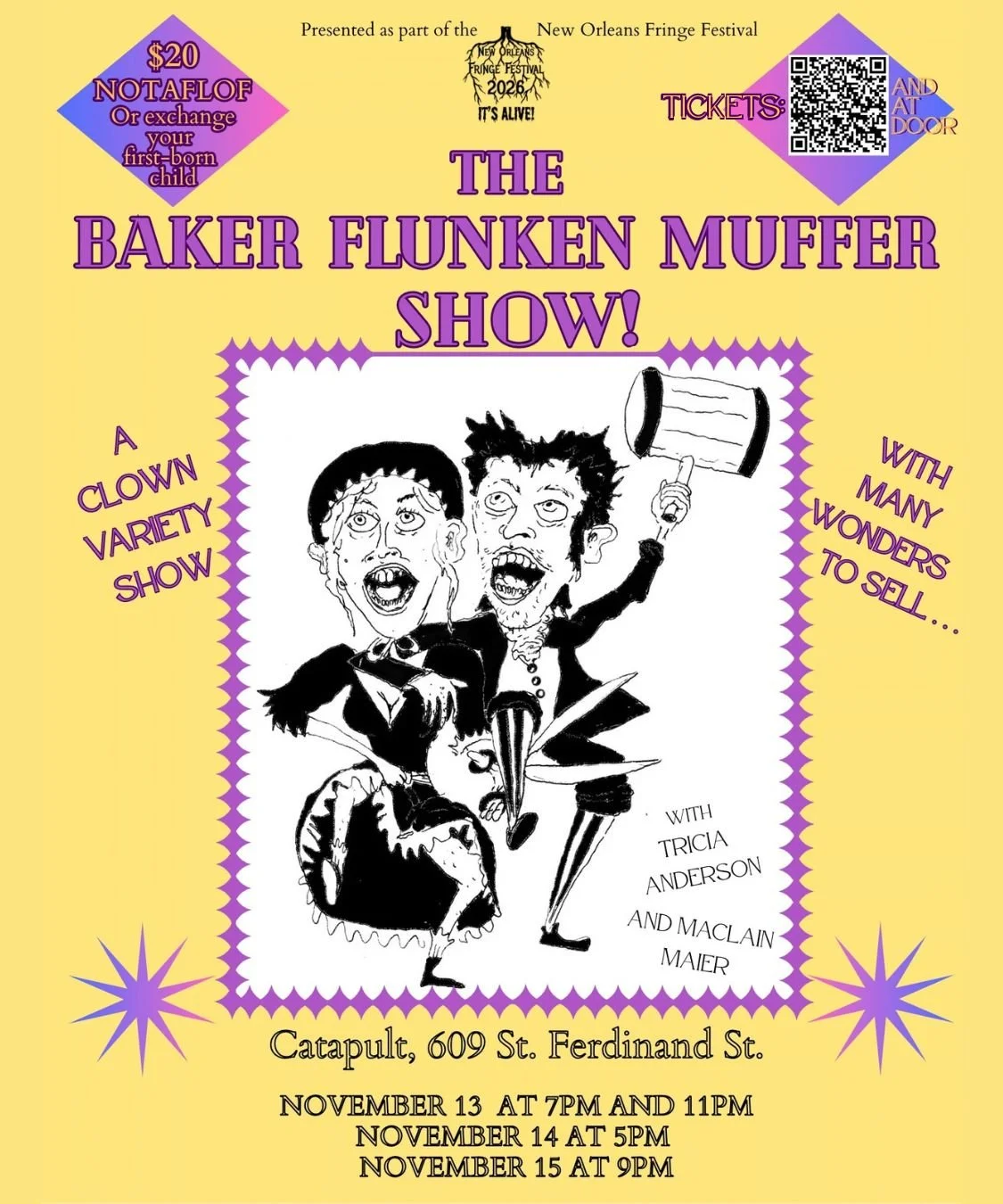 "The Baker Flunken Muffer Show"
Created and performed by Tricia Anderson and Maclain Maier. The Baker Flunken Muffer Show is part variety show, part clown act, and part salesmanship: Junie Baker-Flunken and Reggie Flunken-Muffer, a traveling married 