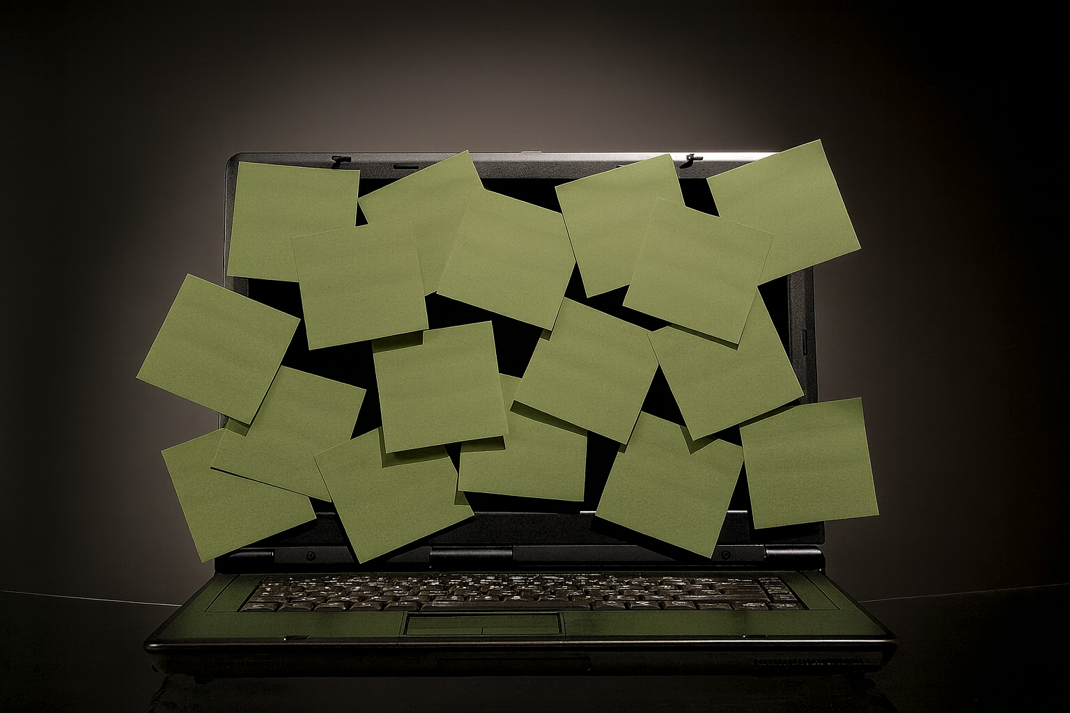 Laptop covered in reminder notes symbolizing disorganization and focus challenges, representing support through online combined-type ADHD counseling in Colorado