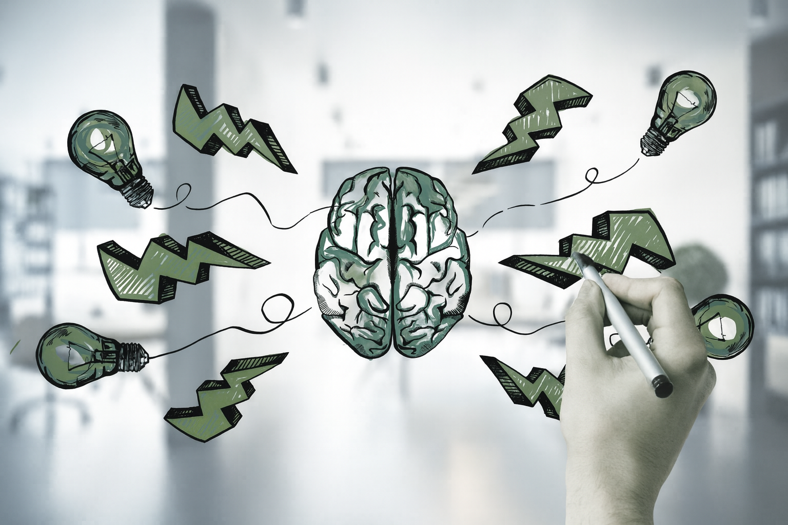 Illustration of a highly active brain with ideas and energy bursts, symbolizing focus and support through online Classic ADHD counseling in Colorado