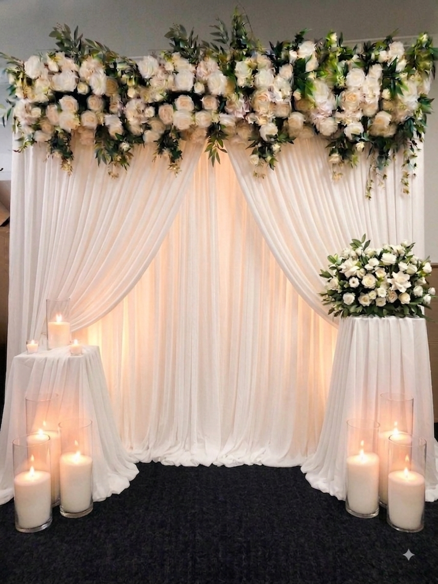 Luxe White Floral Draped Backdrop Package