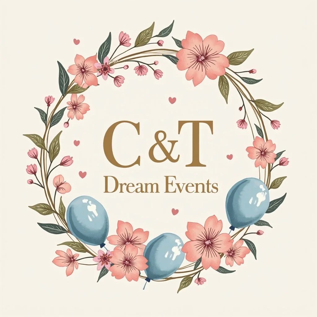 A decorative floral wreath with pink flowers and green leaves, featuring three blue balloons at the bottom. In the center, the text reads 'C & T Dream Events' in brown font.