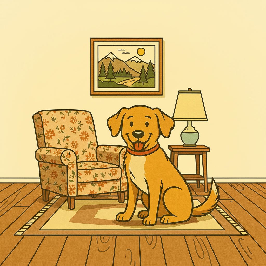 Illustration of a happy dog sitting on a rug in a living room with a floral armchair, a table with a lamp, and a landscape painting of mountains and trees on the wall.