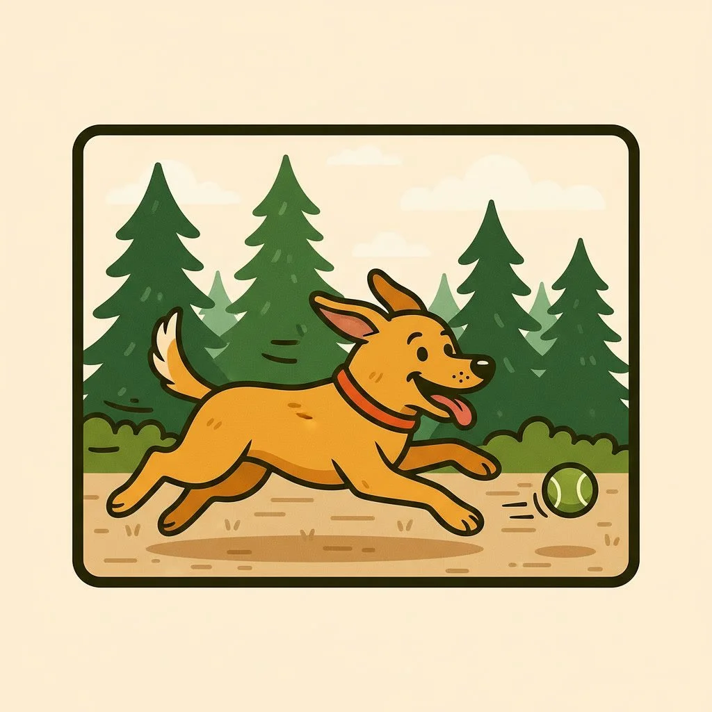 A cheerful dog playing with a tennis ball outdoors, with green pine trees and a light sky in the background.