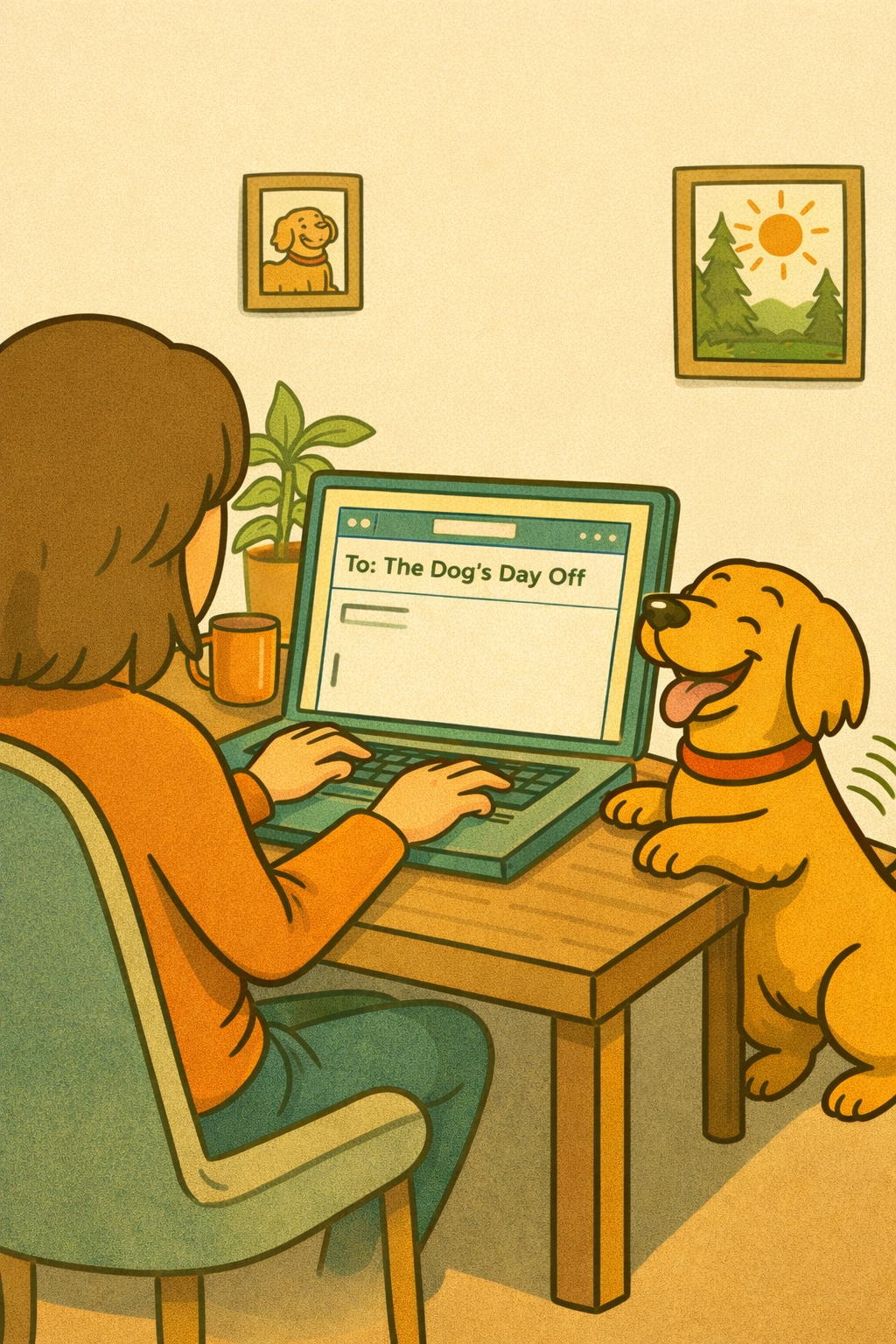 Person sitting at a desk using a laptop with a dog beside them. The laptop screen shows an email titled 'To: The Dog's Day Off.' The room has framed pictures on the wall, a potted plant, and a mug on the desk.