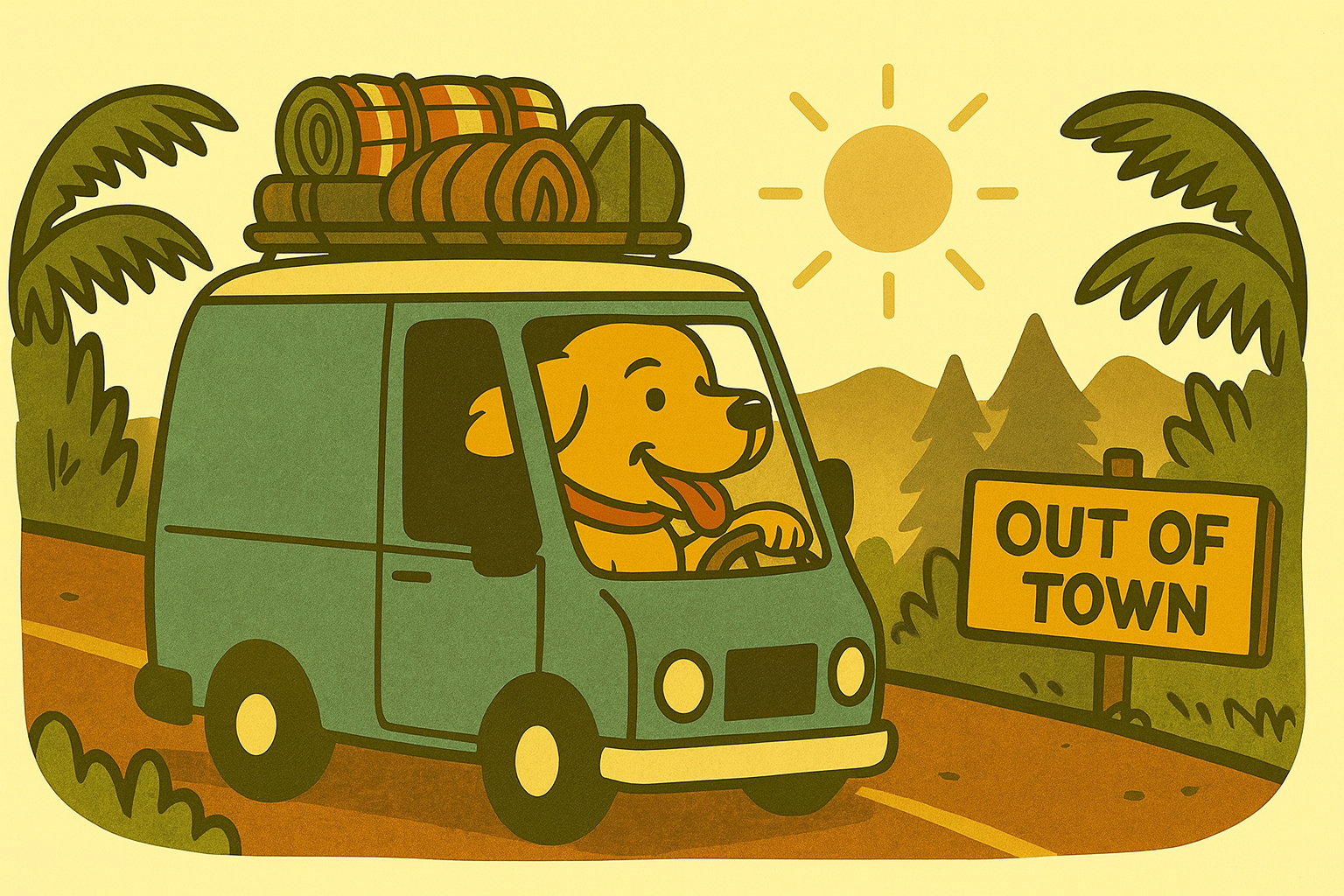 A cartoon of a dog driving a small green car with luggage on top, on a road in a sunny wilderness area with a sign that reads 'Out of Town'.