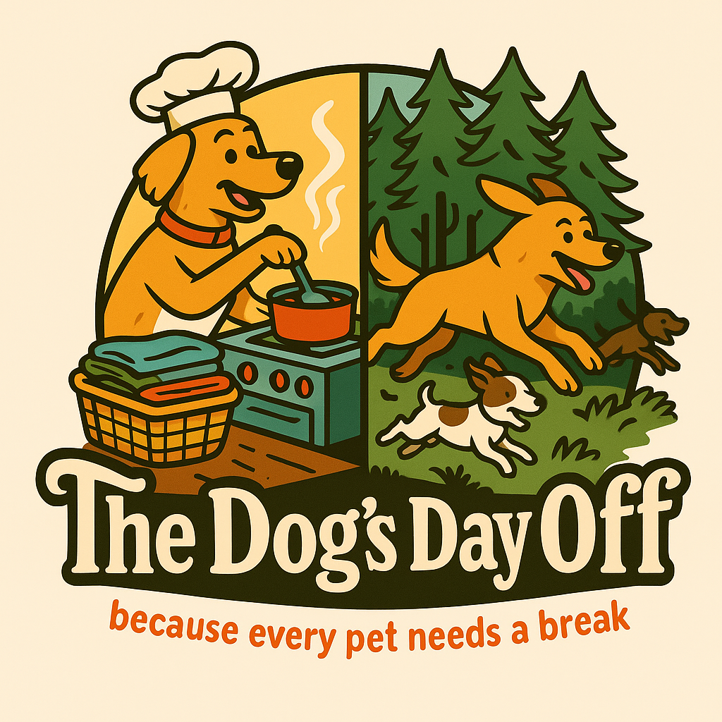 A graphic divided into two sections showing a dog cooking in the kitchen on the left and running in the forest with other dogs on the right. The text below reads "The Dog's Day Off" and "because every pet needs a break."