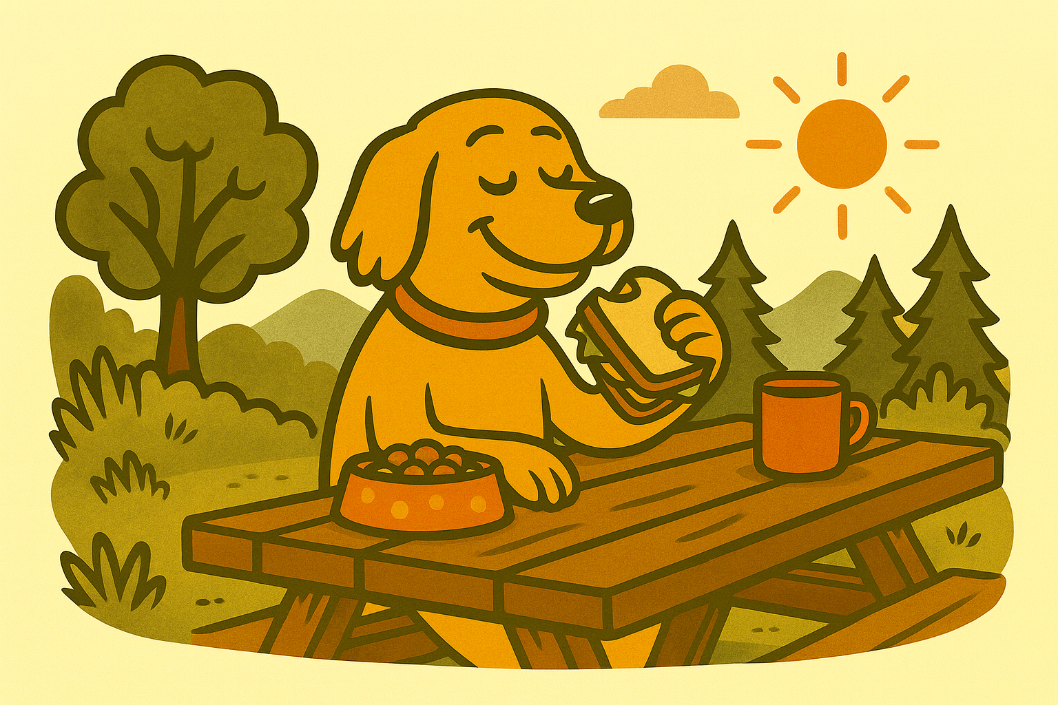 A cartoon illustration of a dog sitting at a picnic table outdoors, eating a sandwich. There is a bowl of grapes, a mug, trees, mountains, a bright sun, and a few clouds in the background.