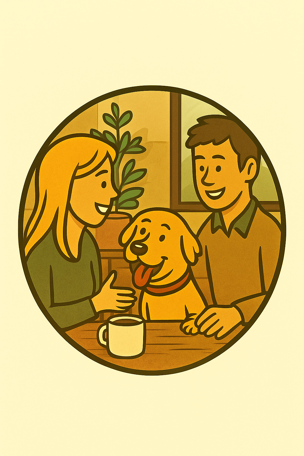 A cartoon illustration of a woman and a man sitting at a table with a happy dog between them, in a cozy indoor setting with a window and a plant in the background.