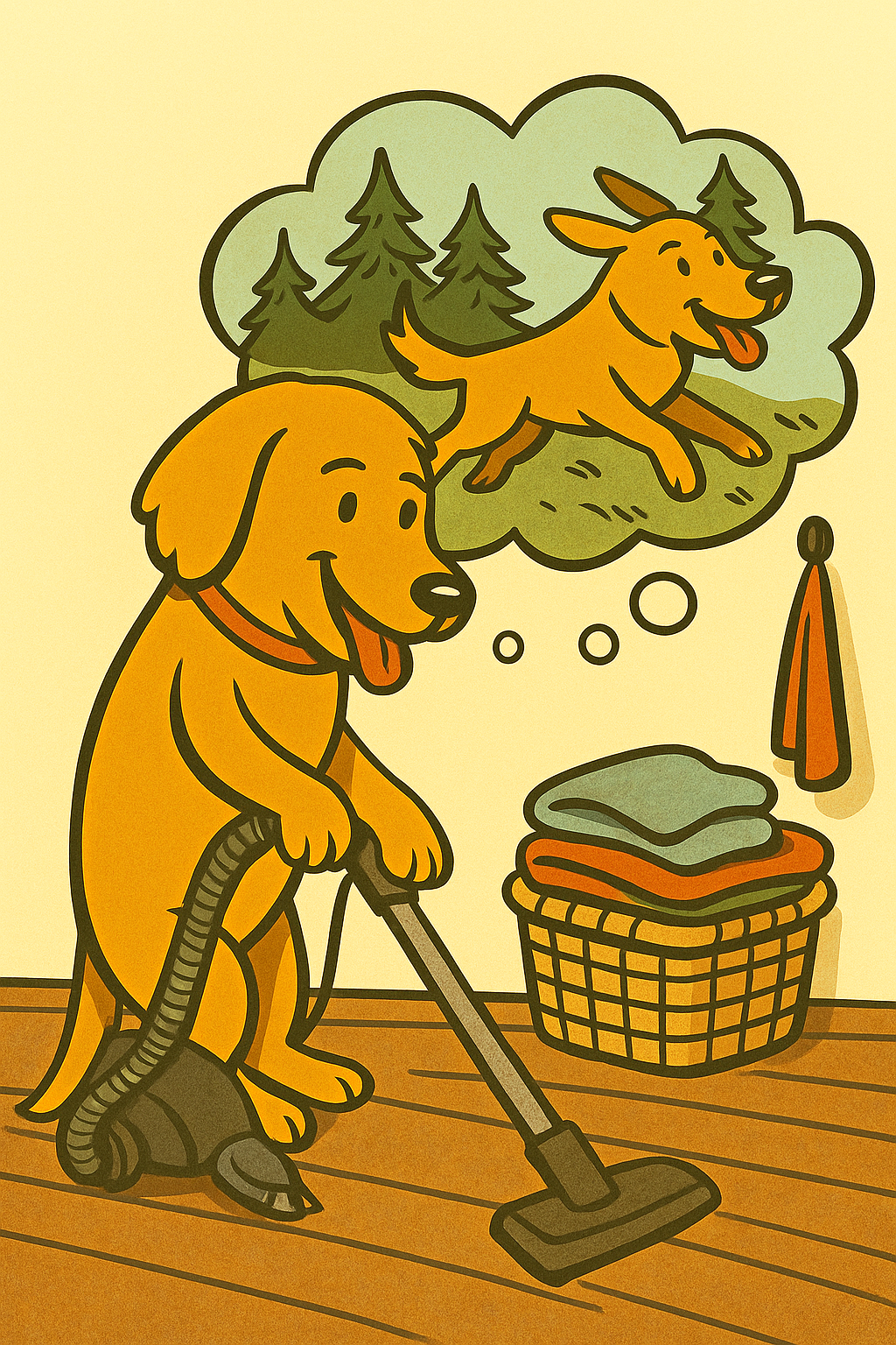 cartoon illustration of a yellow dog vacuuming with a basket of folded laundry nearby, imagining itself running outdoors in a forest.