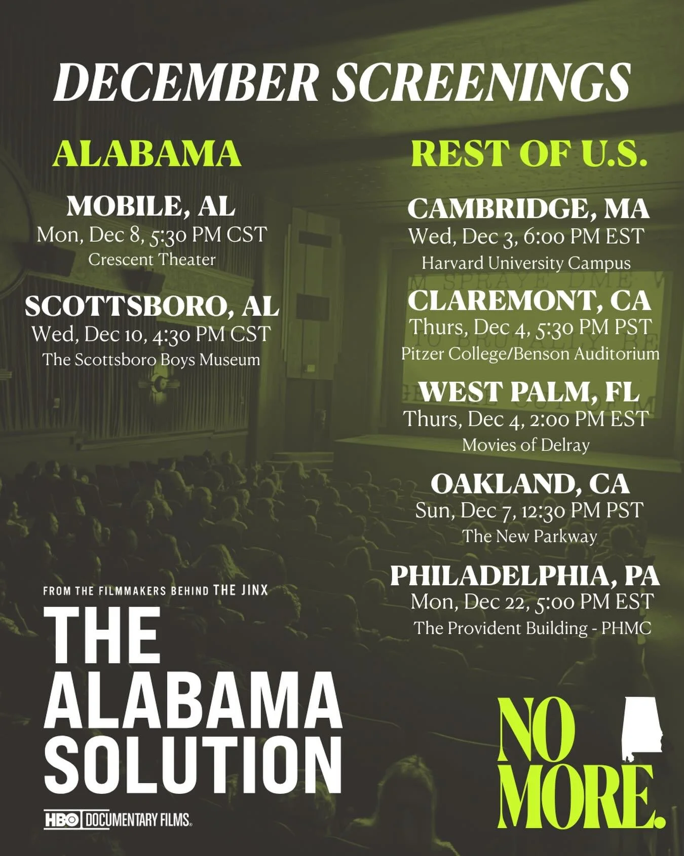 December screenings are here! Since the October debut of @thealabamasolution more than 65 community screenings have taken place across the country. Check the list for one near you.